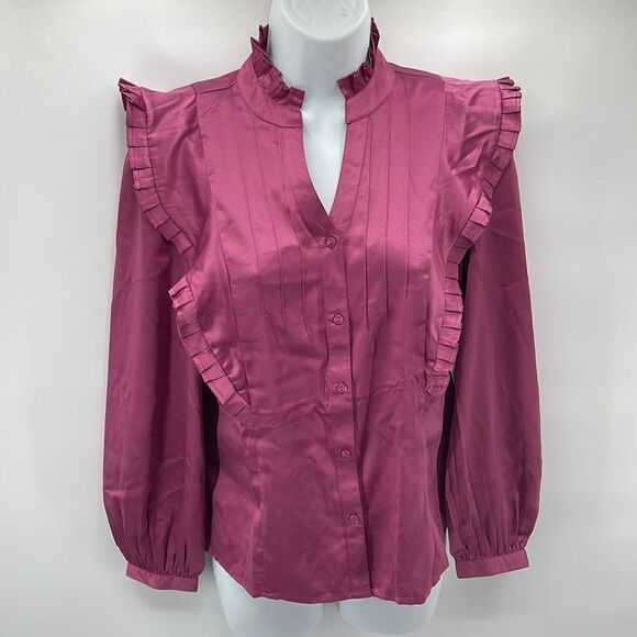Calligraphie high collar satin Victorian blush pink pleated yoke puff sleeve NEW - Picture 9 of 14